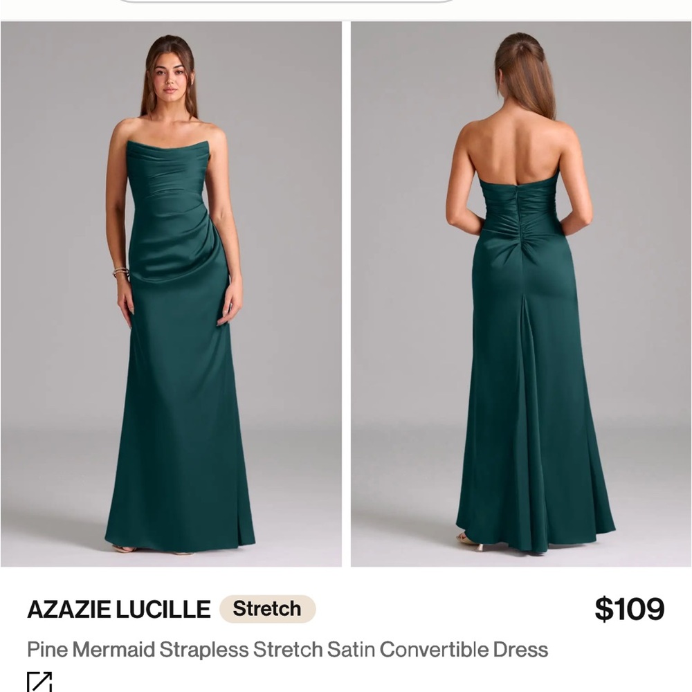 Azazie Lucille pine green stretch satin bridesmaid gown.